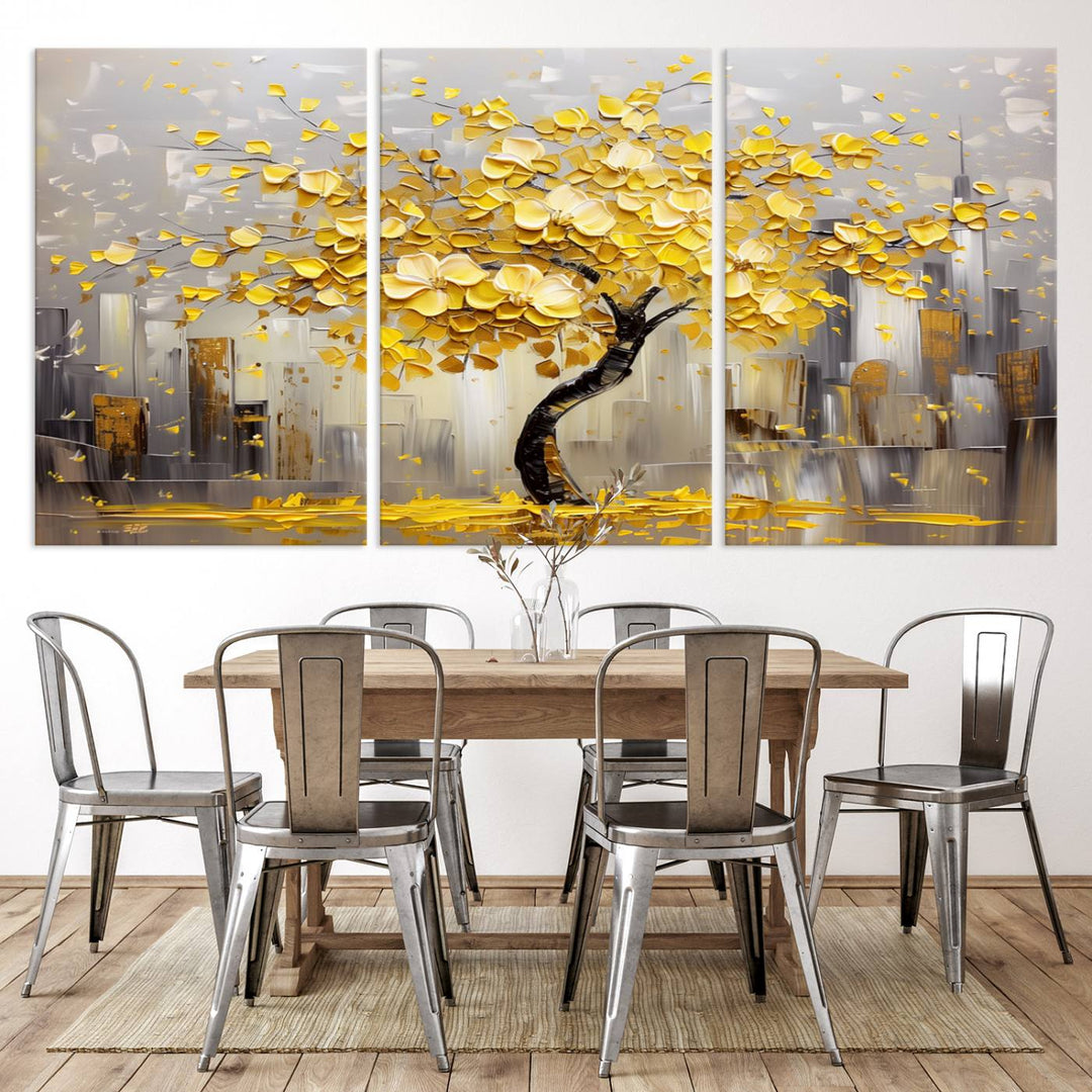 A framed canvas print from the "Golden Tree Canvas Print | Abstract Wall Art for Modern Homes | Ready to Hang Framed Artwork" collection hangs elegantly against the dark wall, epitomizing exquisite abstract wall art.