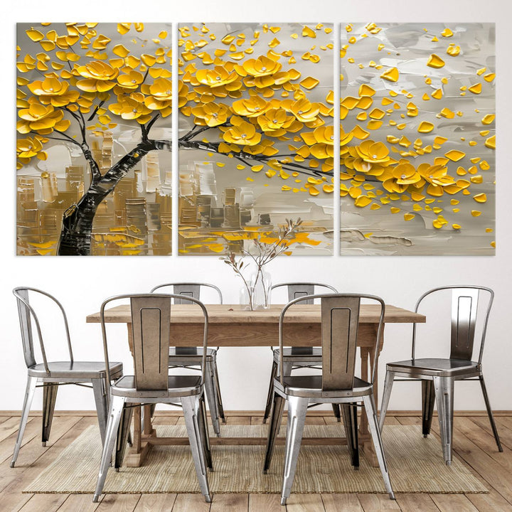 The living room showcases a Yellow Blossom Tree Canvas Wall Art, modern and floral.