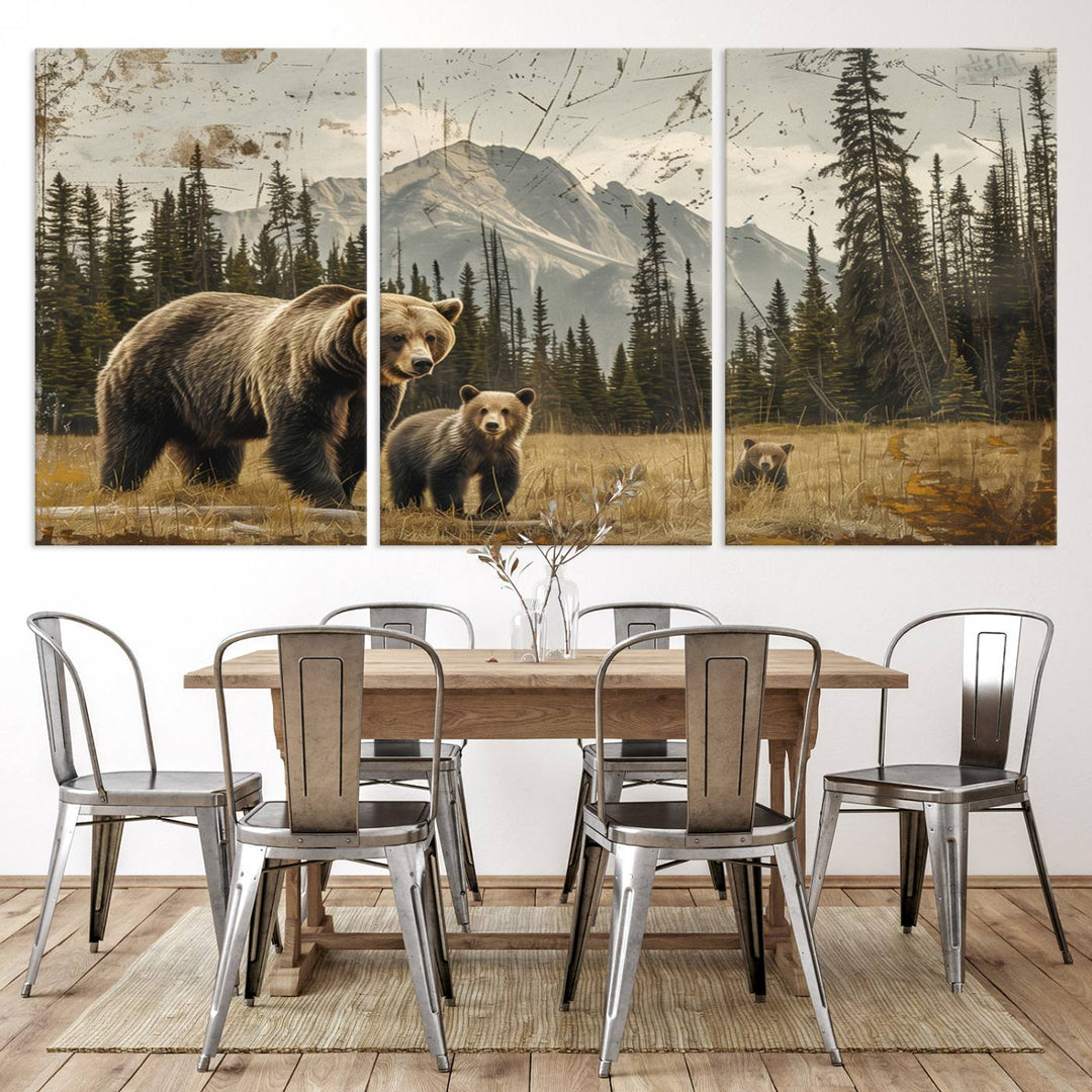 Rustic Grizzly 399: Bear Family Wall Art Canvas Print.