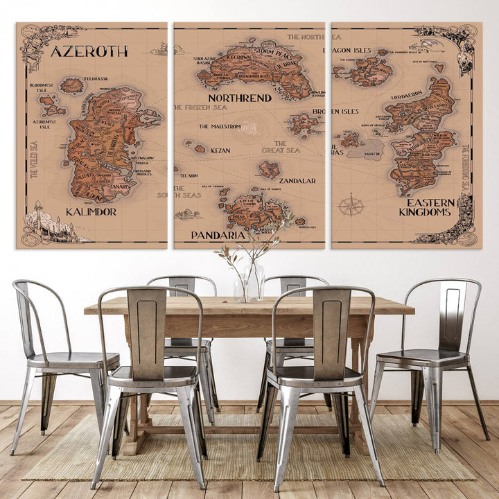 The Vintage Azeroth World Map Canvas Print, a stunning three-piece set, enhances the space with its vintage charm, perfectly complementing your gaming decor.