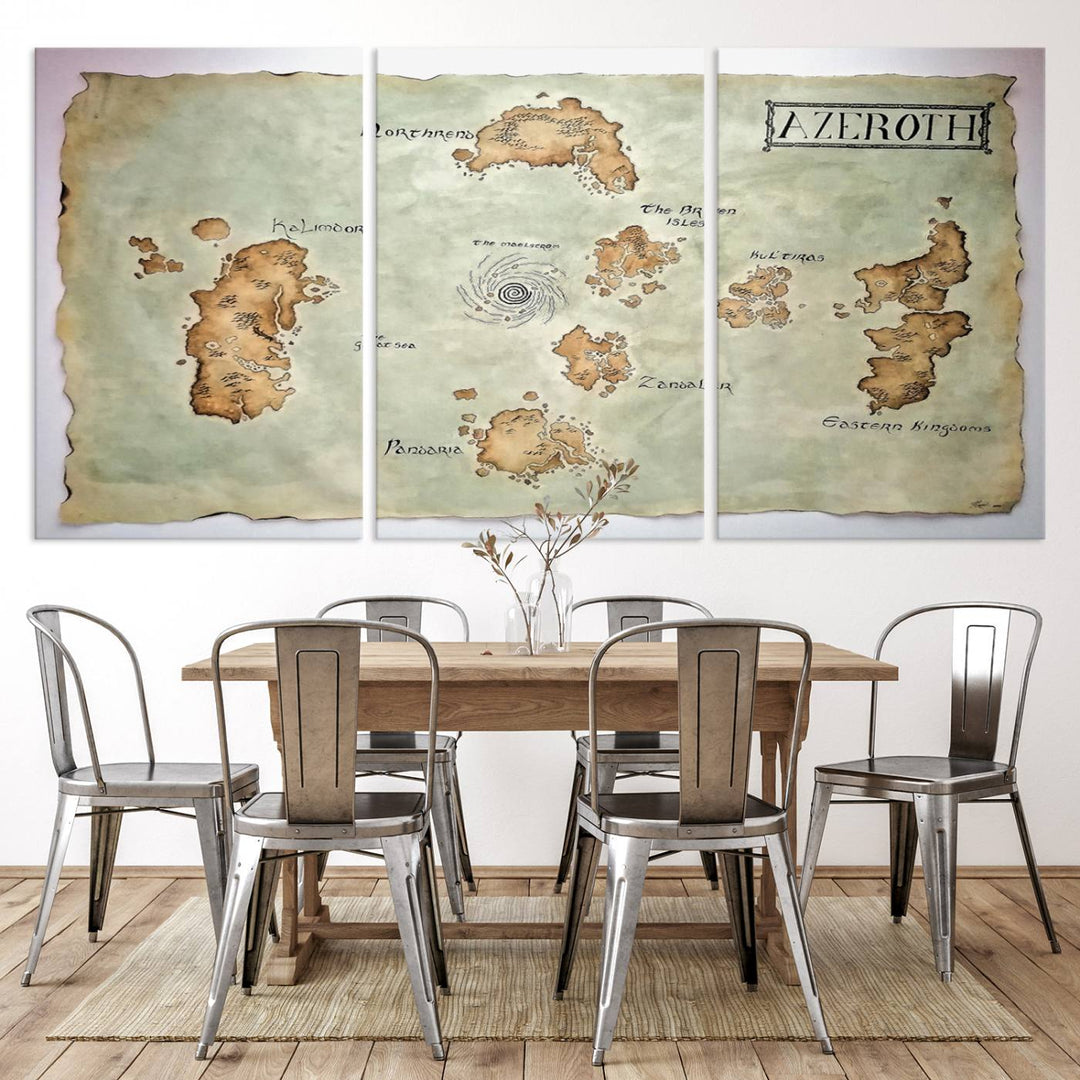 The Azeroth World Map Wall Art Canvas Print, a three-panel vintage piece, brings a cozy fantasy gaming atmosphere to the room.