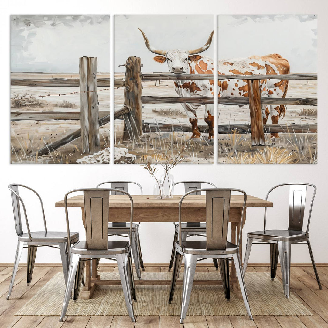 The Abstract Longhorn Cow Wall Art, a ready-to-hang framed canvas print, adds rustic charm and perfectly captures the essence of rural elegance.