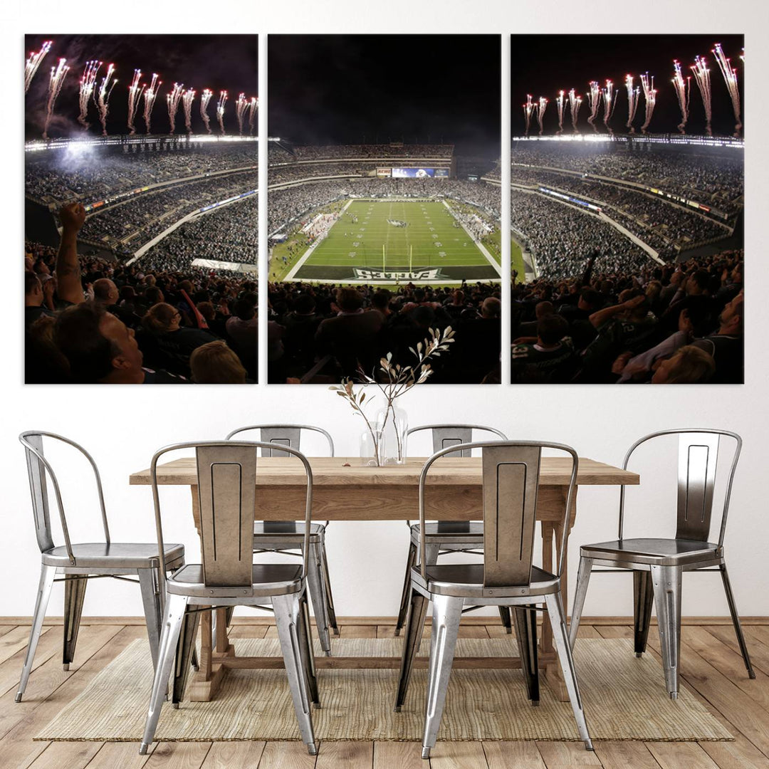 The living room features a spectacular Philadelphia Eagles Football Team Print. This wall art canvas print of Lincoln Financial Field at night captures a Philadelphia Eagles game under the dazzling brilliance of fireworks, making it an eye-catching centerpiece.