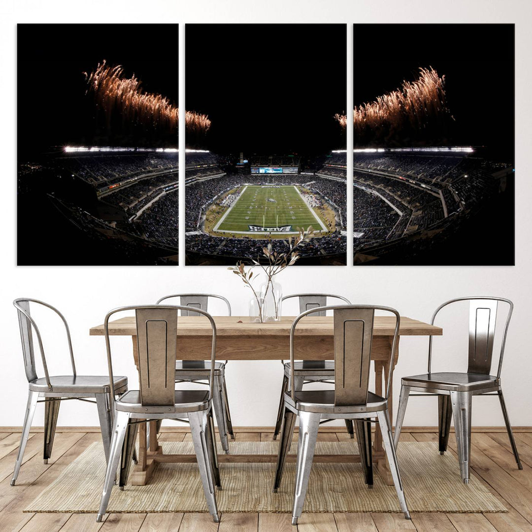 A stunning triptych wall art featuring the Philadelphia Eagles Football Team Print, capturing Lincoln Financial Field with spectacular fireworks.