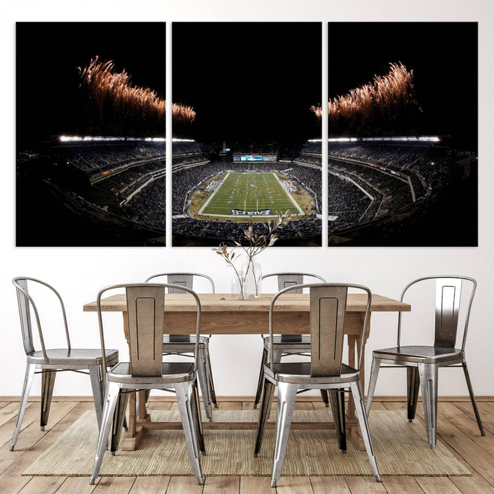 Eagles Stadium Wall Art depicting a nighttime game and fireworks at Lincoln Financial Field.