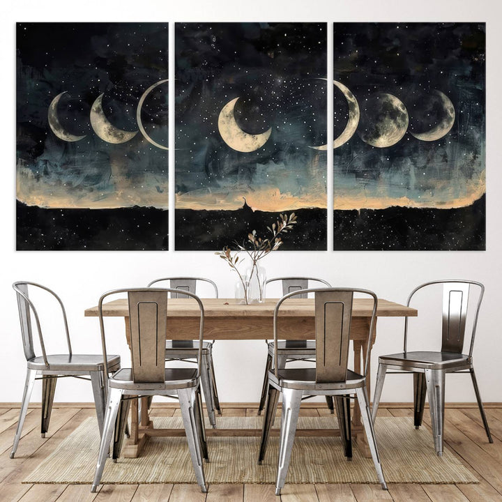 The "Phases of the Moon Wall Art," a framed canvas series capturing the celestial beauty of lunar cycles against a starry night, adds an elegant touch to the contemporary dining room.