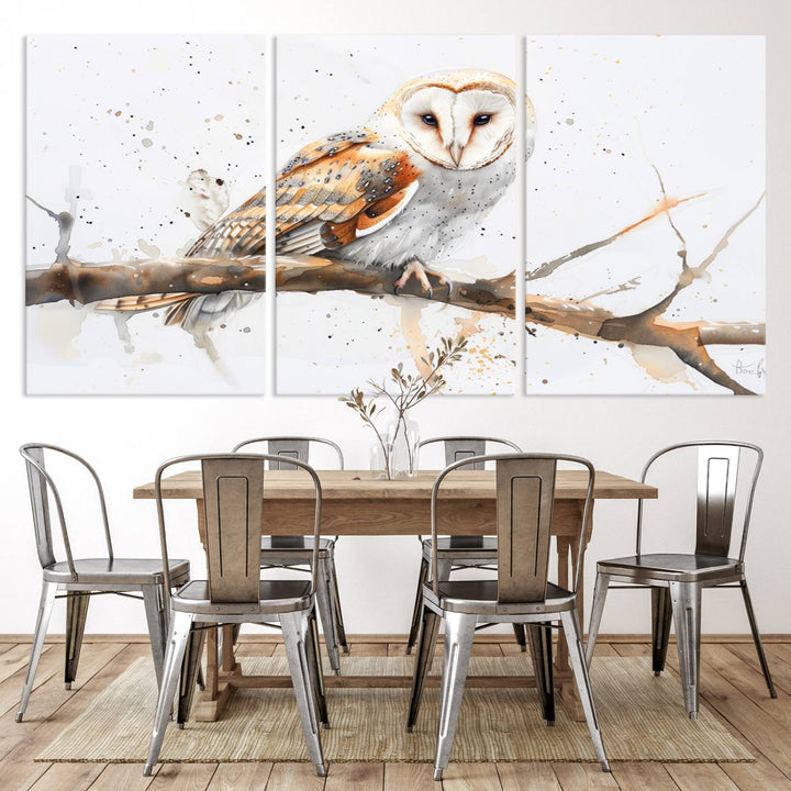 Introduce the tranquility of nature into your home with this stunning canvas print, featuring a Barn Owl on a branch. This triptych wall art, ready to hang and elegantly framed, is perfect for nature lovers seeking serene decor pieces.