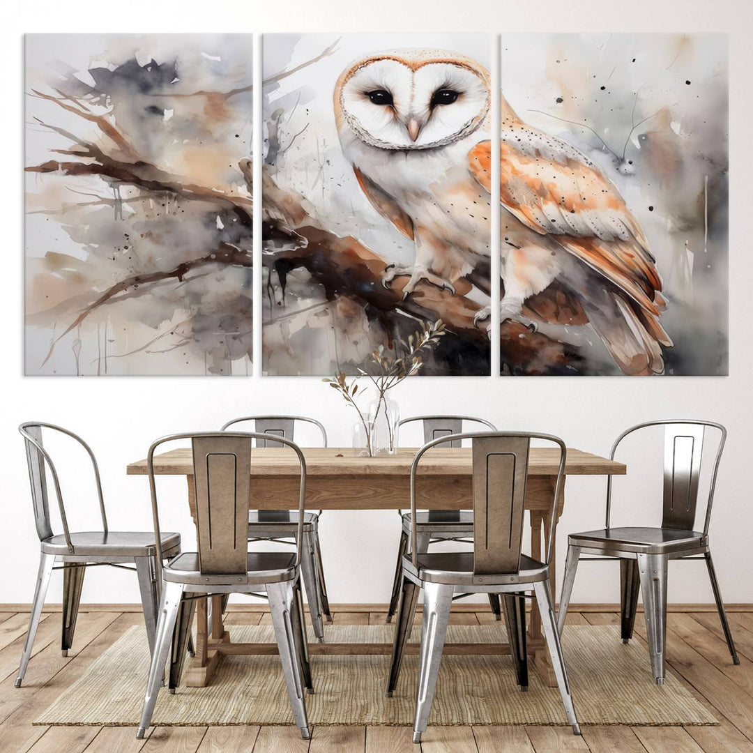 The Barn Owl Wall Art, a watercolor canvas print, elegantly adorns the wall in a modern living room, seamlessly merging farmhouse wall decor with contemporary style.