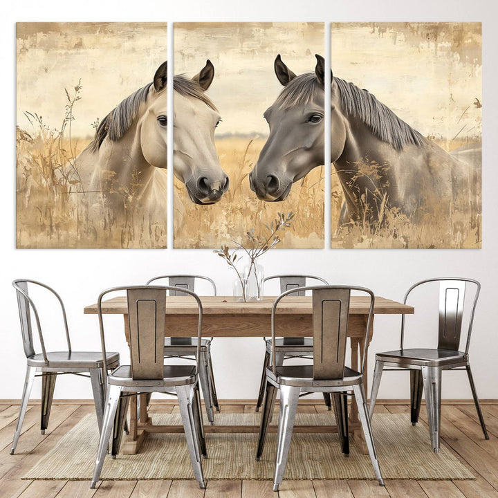 The "Chinese Ink Style Grunge Horses Wall Art Canvas Print," featuring two horses in a field, hangs prominently, highlighting its museum-quality canvas and high-resolution printing.