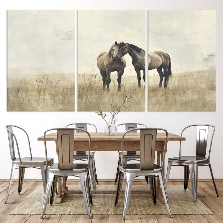 The Chinese Style Grunge Horses Wall Art Canvas Print, featuring a three-panel design of two horses in a misty field, is crafted on museum-quality canvas using high-resolution printing and hangs elegantly.