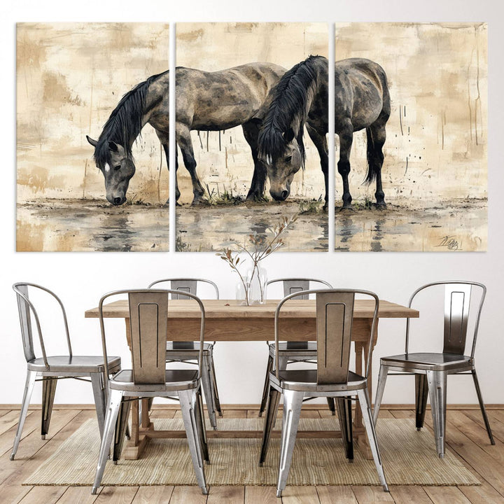 Chines Ink Style Black Horses Wall Art Canvas Print features a triptych painting of two horses drinking at the water's edge.