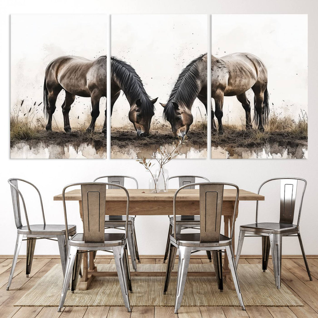 A Chinese Ink Style Horses Wall Art Canvas Print featuring two horses grazing is displayed in a modern setting.