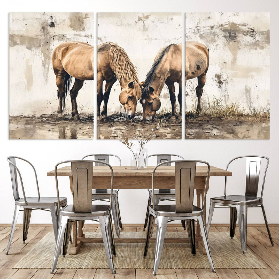 The Vintage Horses Wall Art, a ready-to-hang and framed triptych, beautifully captures two horses gracefully grazing. It perfectly complements the rustic charm of western farmhouse wall decor.