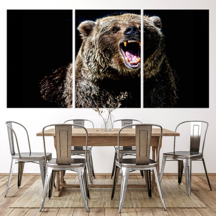 The Grizzly Bear Canvas Print, featuring wildlife wall art on a black background, is ready to hang and is perfect for rustic cabin decor.