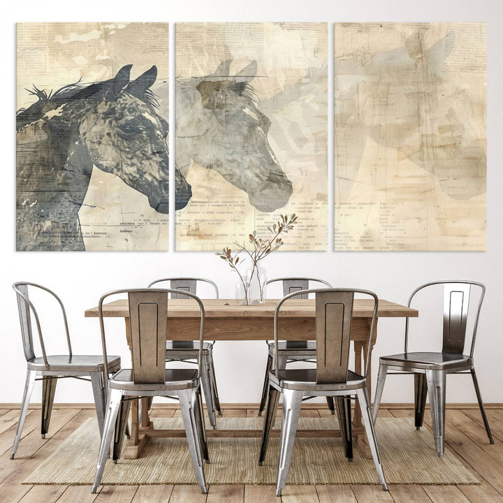 The Abstract Horse Canvas Print in muted tones, a modern farmhouse wall art piece that's ready to hang framed, elegantly decorates the space.