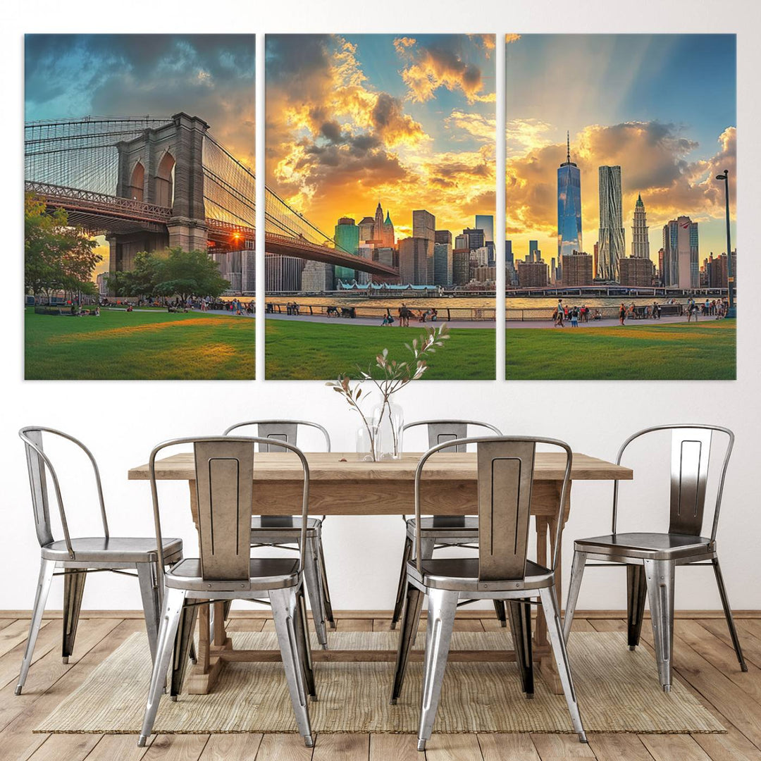 The "Brooklyn Bridge New York Skyline Wall Art" is a ready-to-hang framed canvas print that beautifully captures the cityscape at sunset, showcasing the iconic Brooklyn Bridge and majestic skyscrapers.