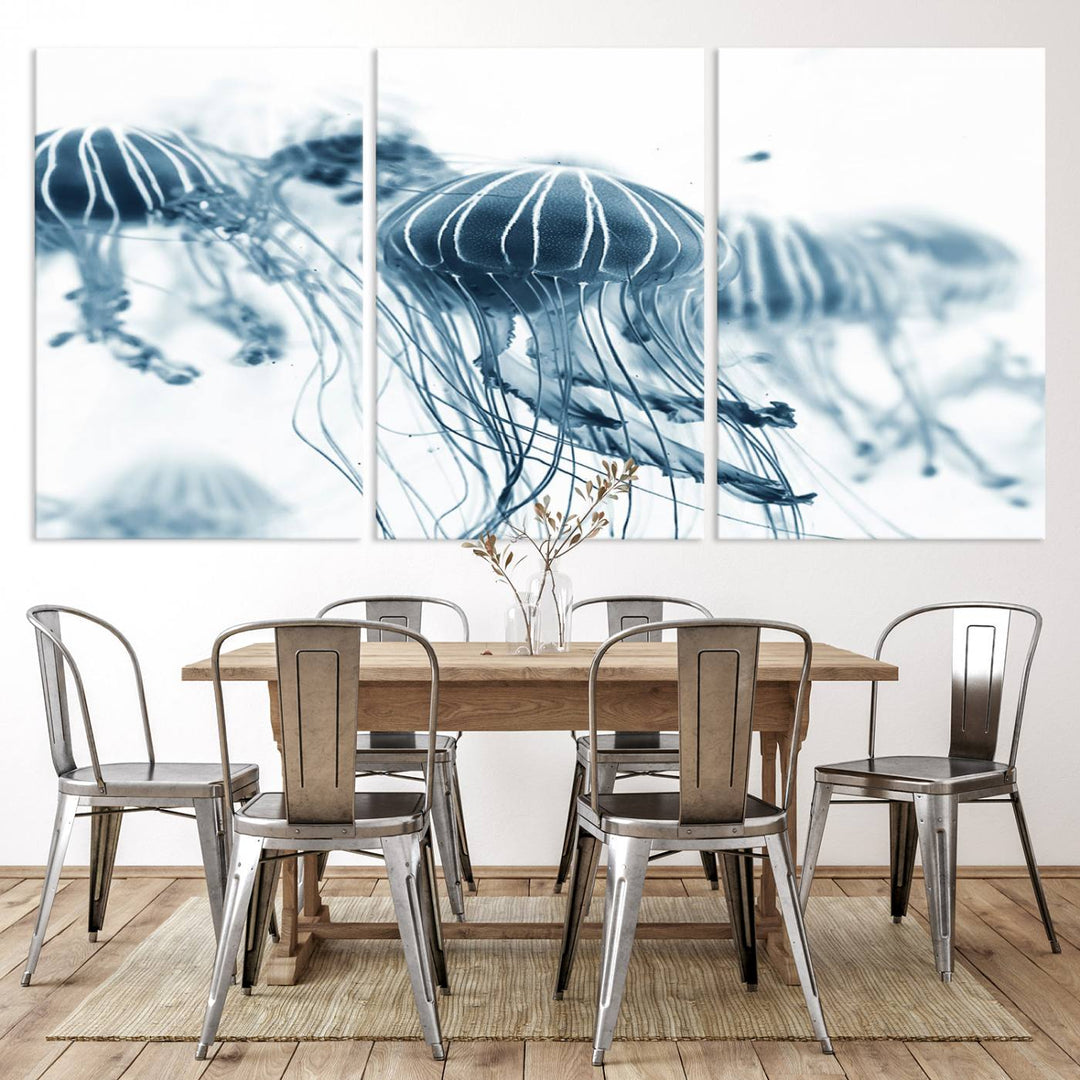 The Abstract Jellyfish Wall Art Canvas Print, a three-panel piece featuring high-resolution printing, hangs elegantly in the room, adding vibrant detail to the space.