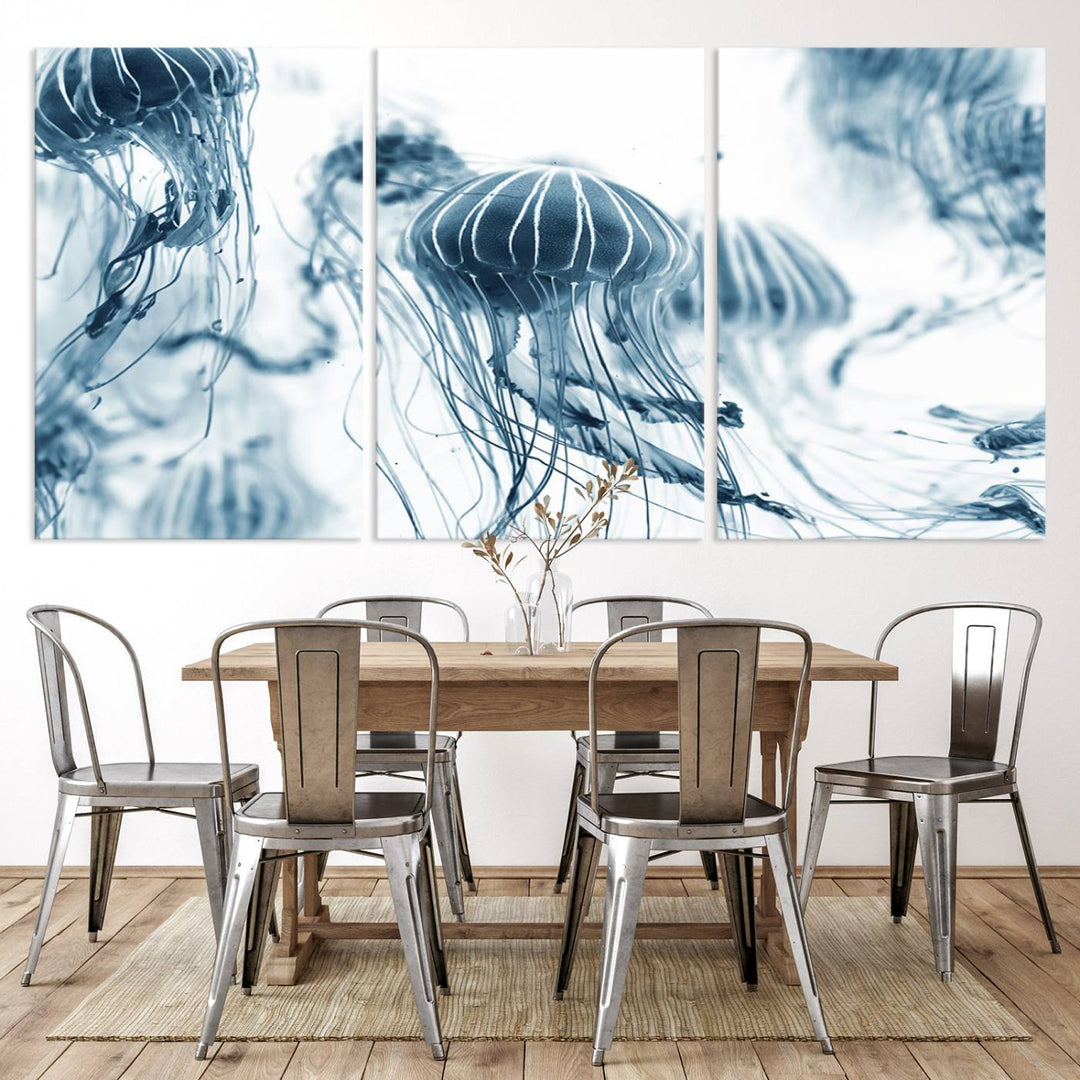 The "Abstract Jellyfish Wall Art Canvas Print" in high resolution is beautifully displayed as a triptych on a dark wall. Experience museum-quality canvas and enjoy free shipping with this stunning piece.