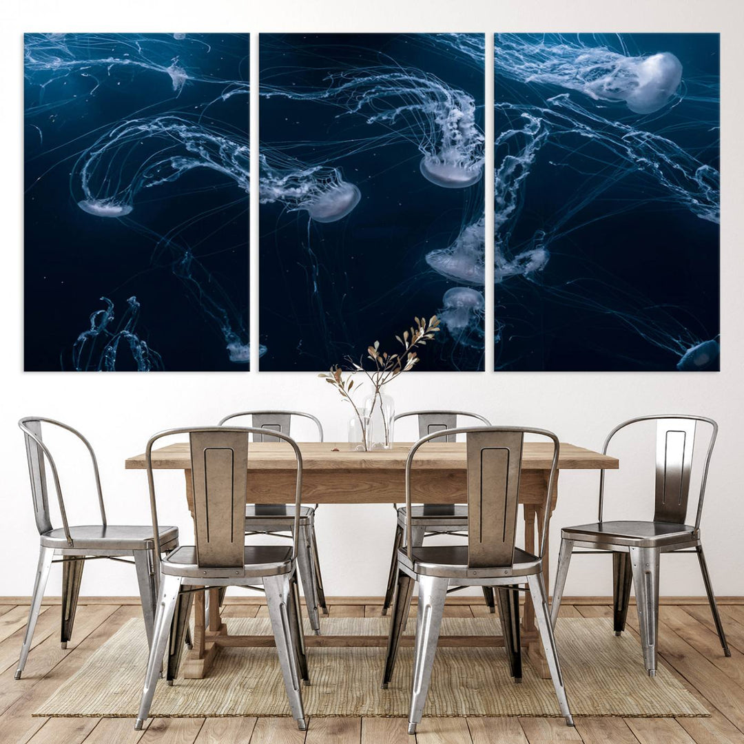 Room with modern decor, featuring the Abstract Jellyfish in Ocean Wall Art Canvas Print on museum-quality canvas.