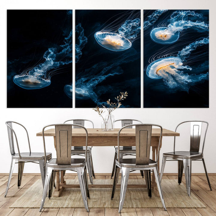 The "Jellyfish Wall Art Canvas Print," featuring a sea-themed design of glowing jellyfish, is displayed in high-resolution on museum-quality canvas.