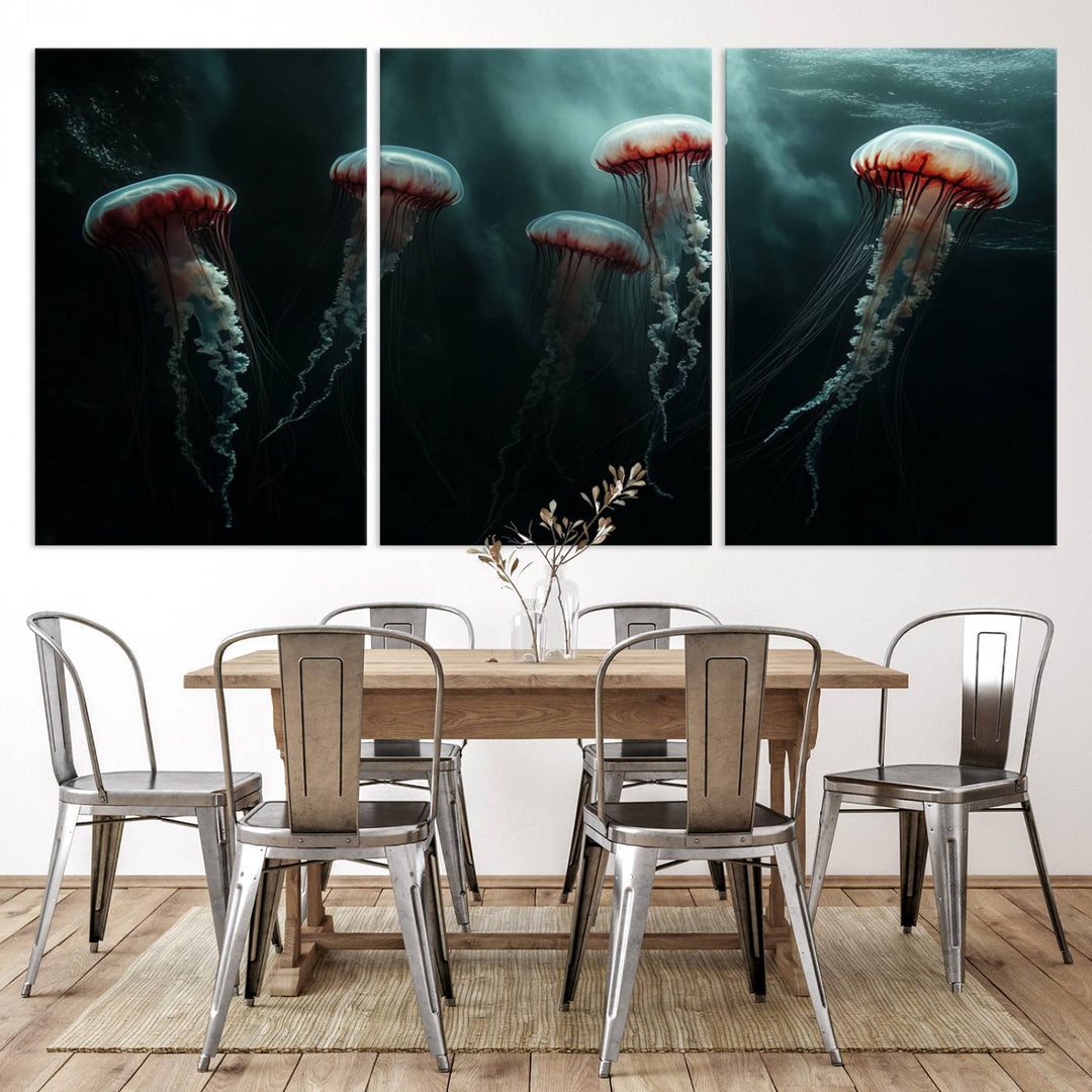 The Abstract Jellyfish Wall Art Canvas Print, framed in the USA and showcased on museum-quality canvas with high-resolution printing, adds a decorative touch to the space.