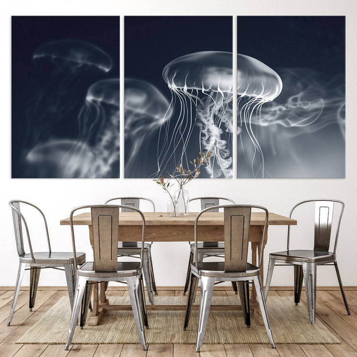 A stunning Jellyfish Wall Art Canvas Print showcases museum-quality canvas through high-resolution printing.