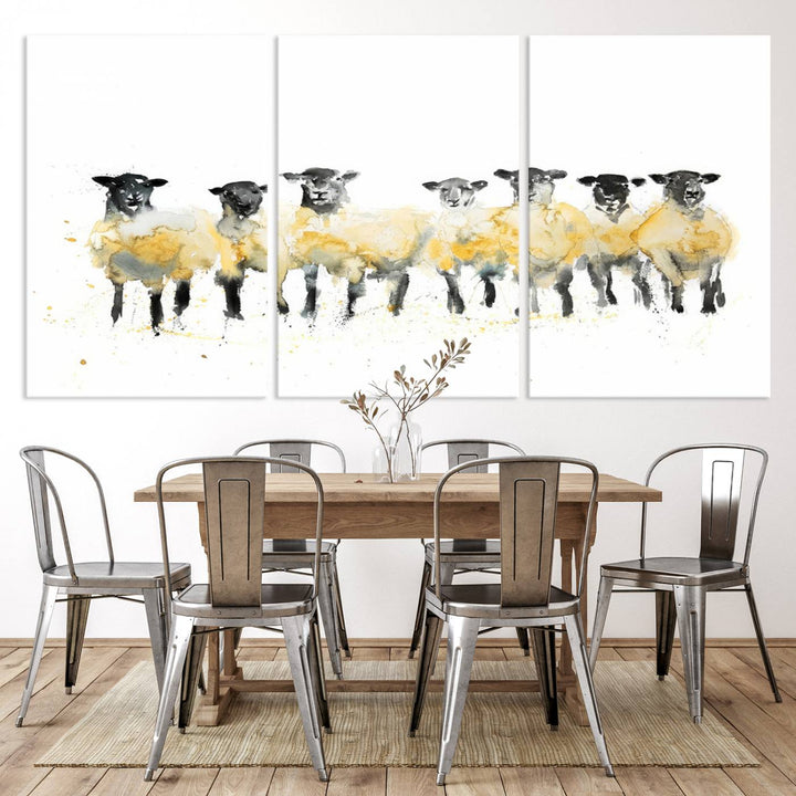 The Farmhouse Wall Art Sheep Print, ready to hang as a framed canvas, adorns the black wall, adding a hint of rustic barn decor.