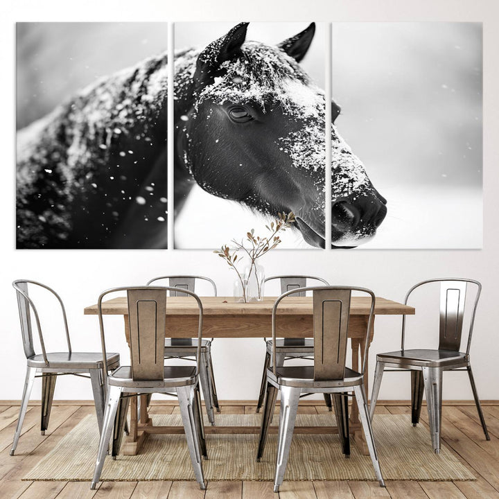 A set of Winter Horse Snow Wall Art Canvas Prints hangs, creating the perfect touch of Rustic Cabin Decor.