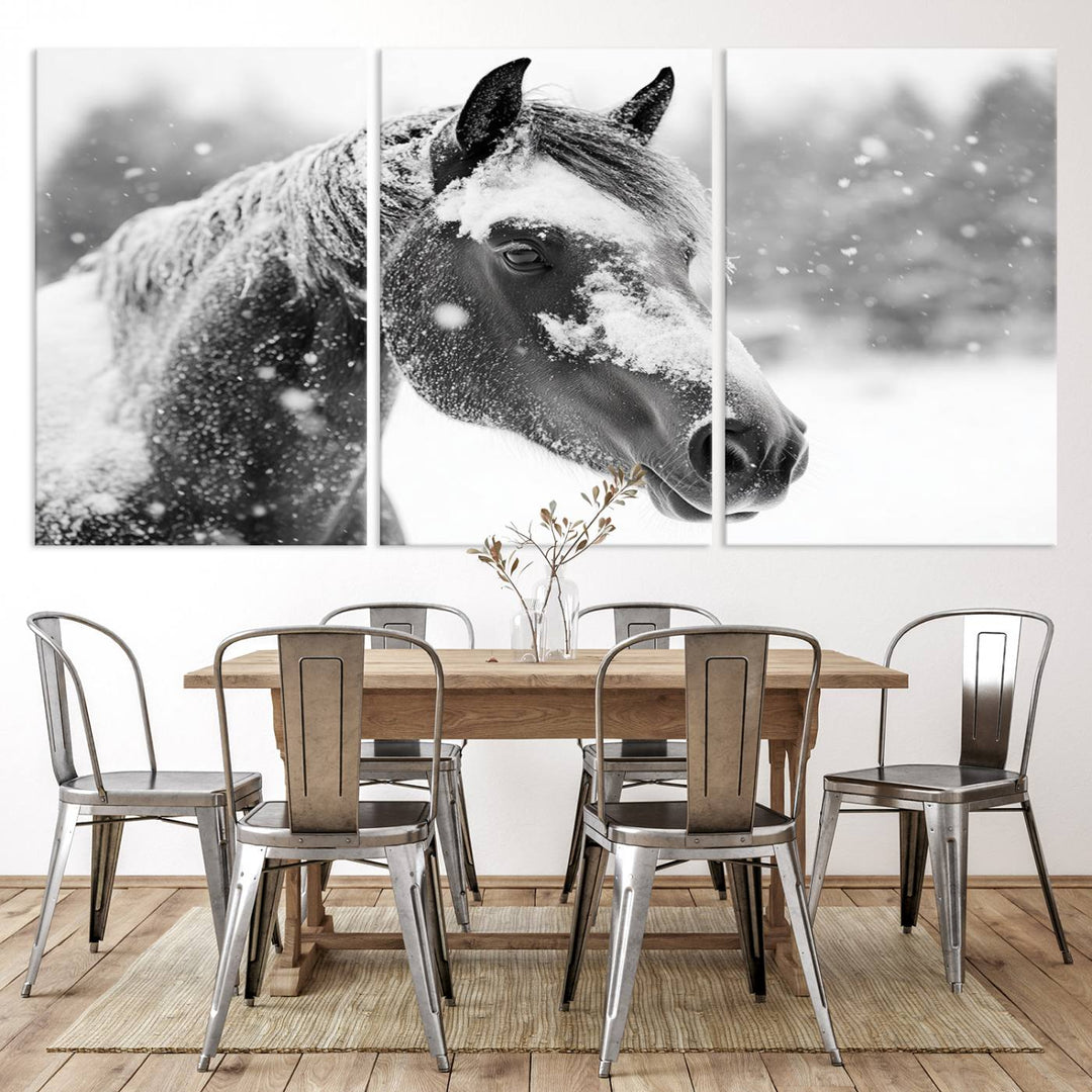 The Black Horse Winter Wall Art, framed and ready to hang, is beautifully displayed as farmhouse and western wall decor.