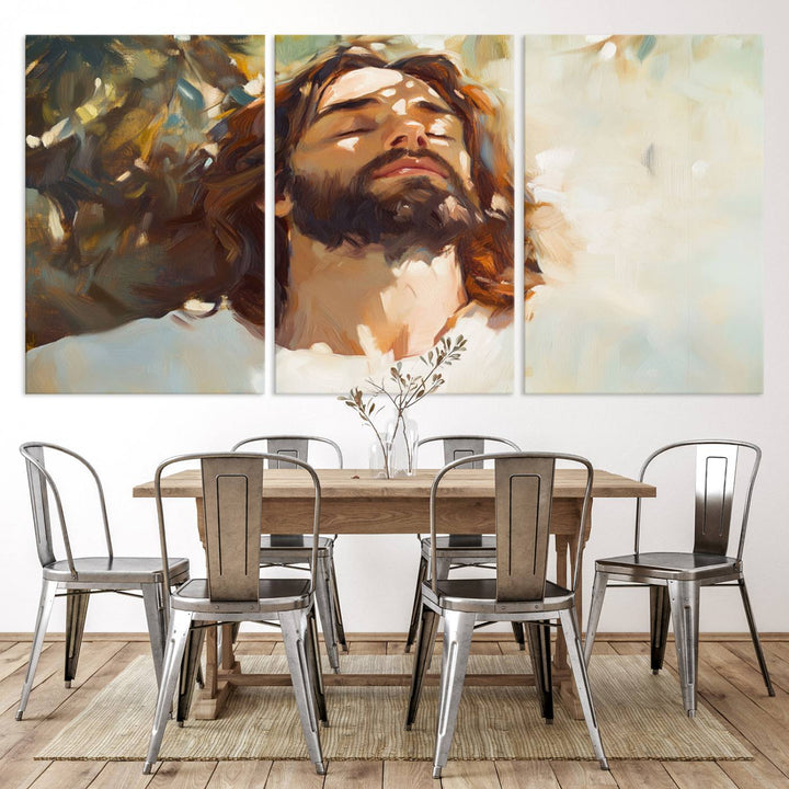 The Jesus Portrait Wall Art Canvas Print features a depiction of Jesus Christ with closed eyes, basking in sunlight. His expression exudes a peaceful, spiritual atmosphere against a blurred background.