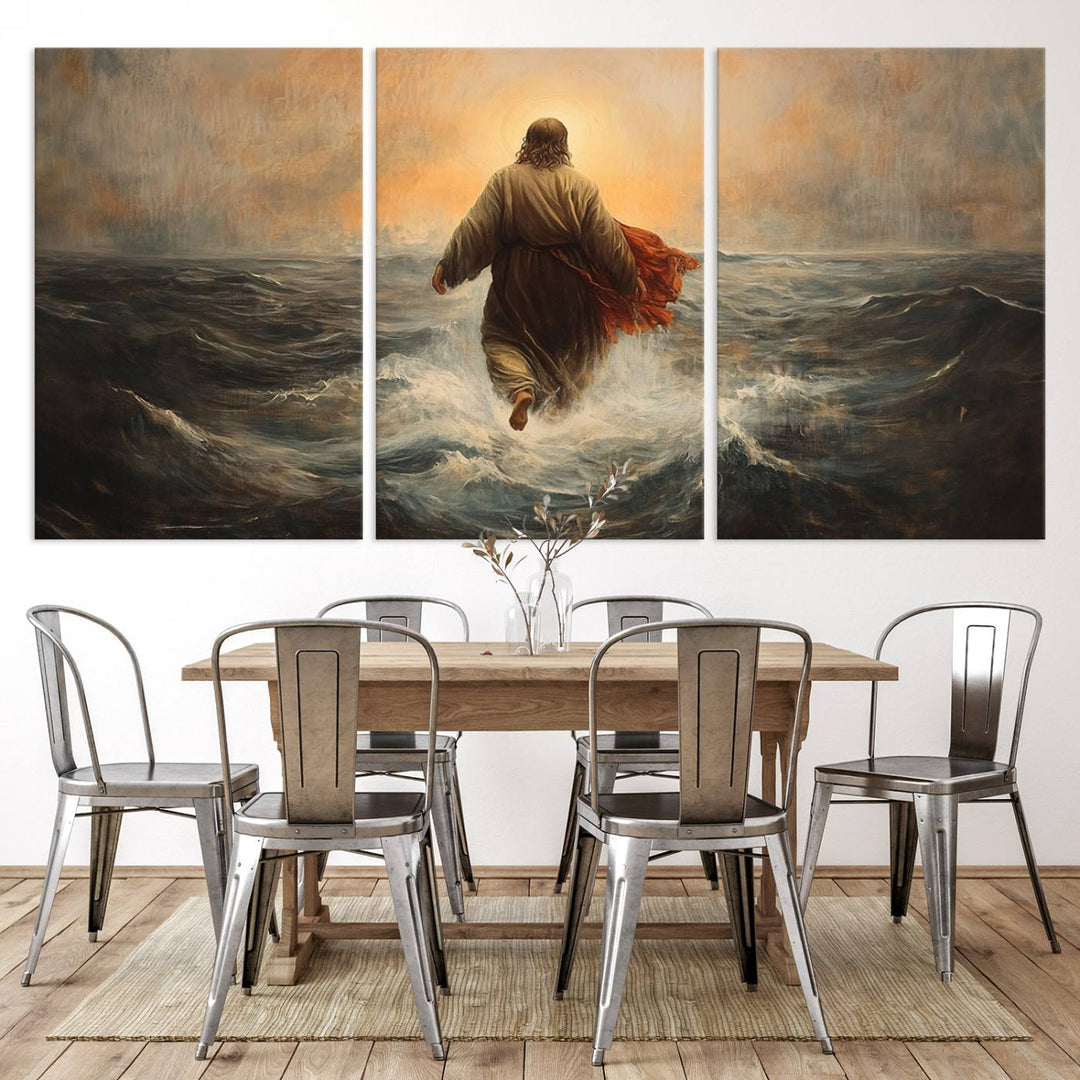 A modern living room is adorned with a triptych titled "Jesus Walking on Water, Christian Wall Art, Jesus Christ Walking on Oil Painting Style Print." The artwork, presented on museum-quality canvas, showcases vibrant colors and exquisite detail.