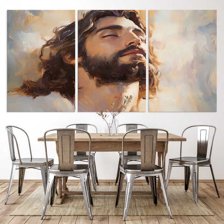 This museum-quality canvas print, titled "Jesus Portrait," features an oil painting style depiction of Jesus Christ with a closed-eyed expression. The high-resolution printing captures every detail beautifully.