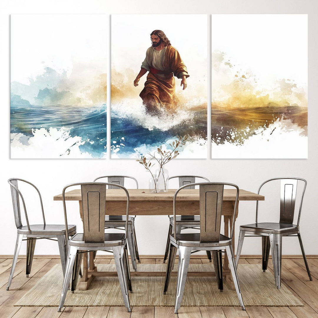 Watercolor Jesus Walking on Water Canvas Print, Christian Wall Art, Jesus Christ Walking