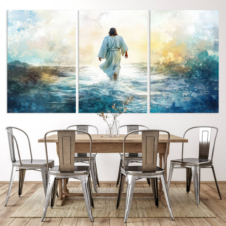 Watercolor Jesus Walking on Water Canvas Print, Christian Wall Art, Jesus Christ Walking