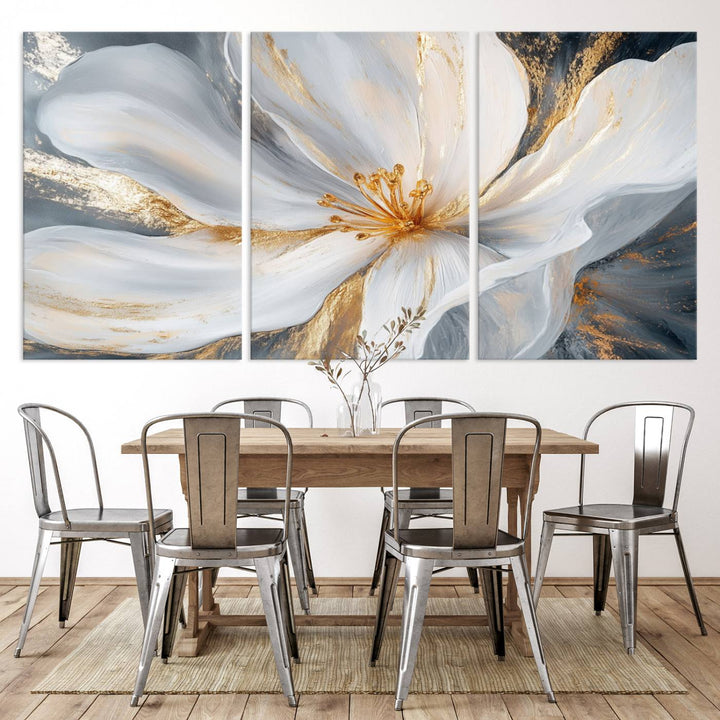 White and Gold Floral Canvas Wall Art - Framed and Ready to Hang - Perfect for Modern Living Rooms