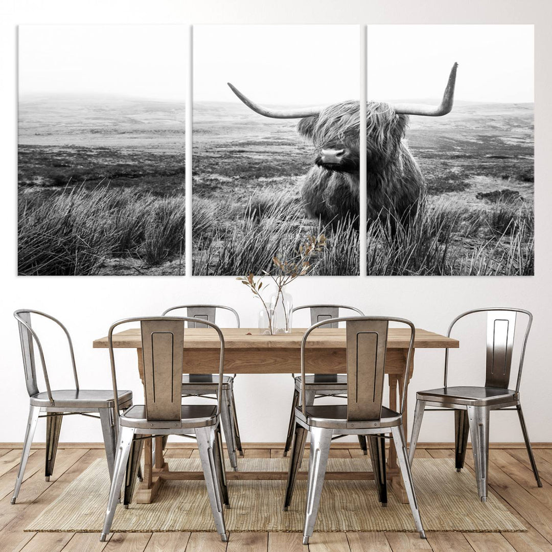 Scottish Highland Cow Wall Art | Black and White Canvas Print | Ready to Hang and Framed | Rustic Farmhouse Wall Decor for Living Room or Office