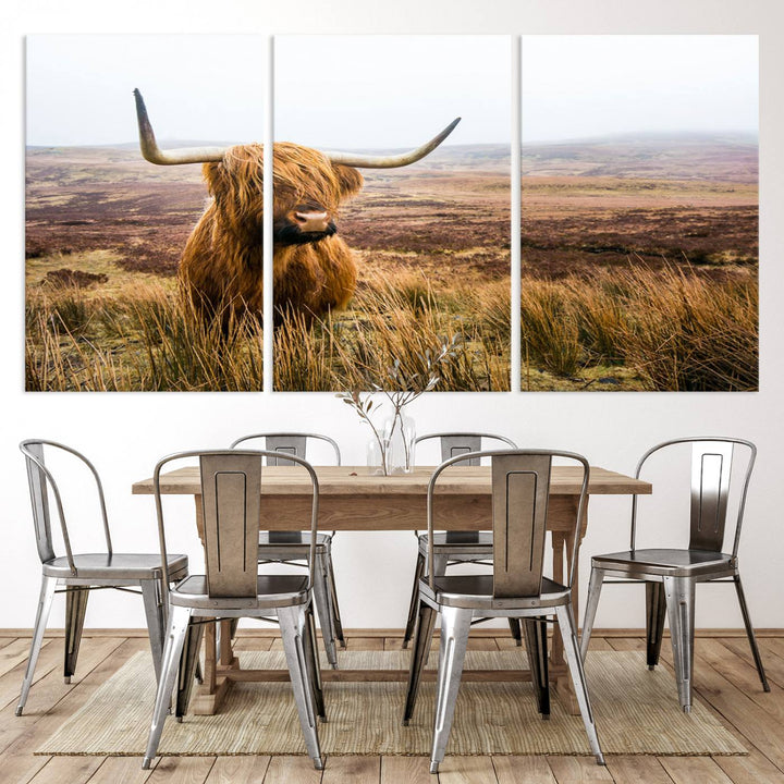 Scottish Highland Cow Wall Art Canvas Print | Ready to Hang and Framed | Rustic Farmhouse Decor for Living Room or Cabin