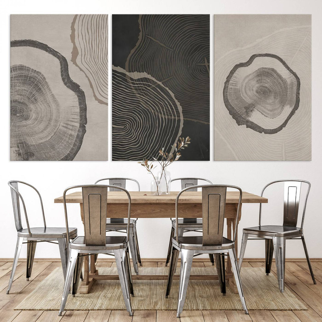 Framed Canvas Wall Art Set Wood Tree Rings Age Abstract Illustrations Prints Modern Art Minimalist Neutral Boho Decor