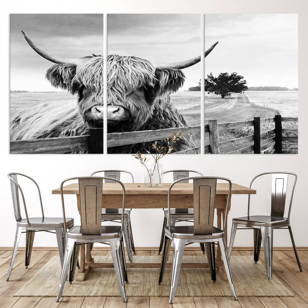 Scottish Highland Cow Wall Art | Rustic Farmhouse Décor | Black and White Ready to Hang Canvas Print