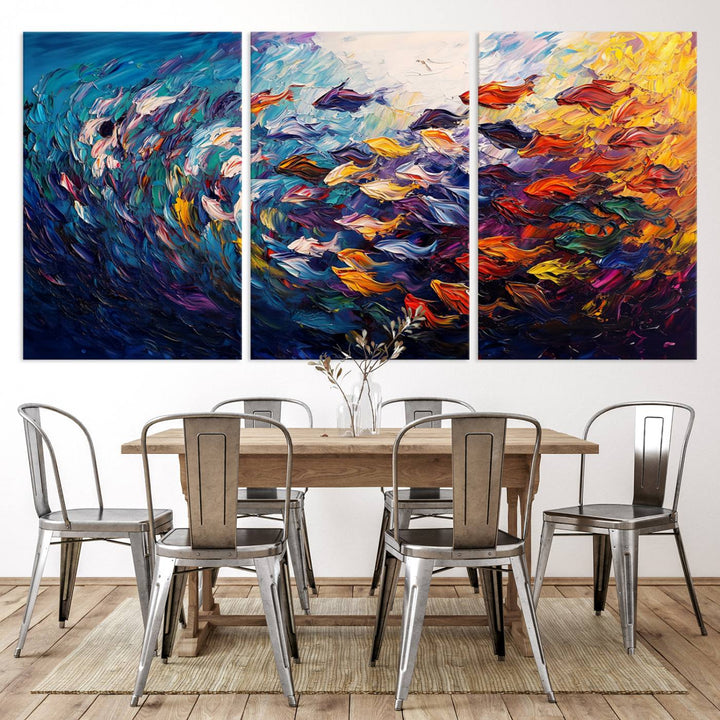 Vibrant Abstract Fish Swarm Art – Colorful Fish Inspired 3-Piece Canvas Wall Art for Living Room or Office – Framed and Ready to Hang