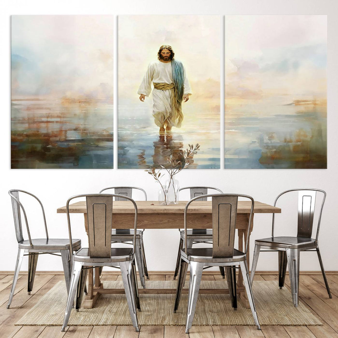 Framed Jesus Walking on Water Wall Art - 3-Panel Christian Canvas Prints, Religious Artwork, Ready to Hang Home Decor for Living Room, Office, or Church