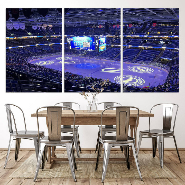 The wall art canvas print at Amalie Arena features team logos on ice, encapsulating the vibrant atmosphere of an NHL hockey stadium.