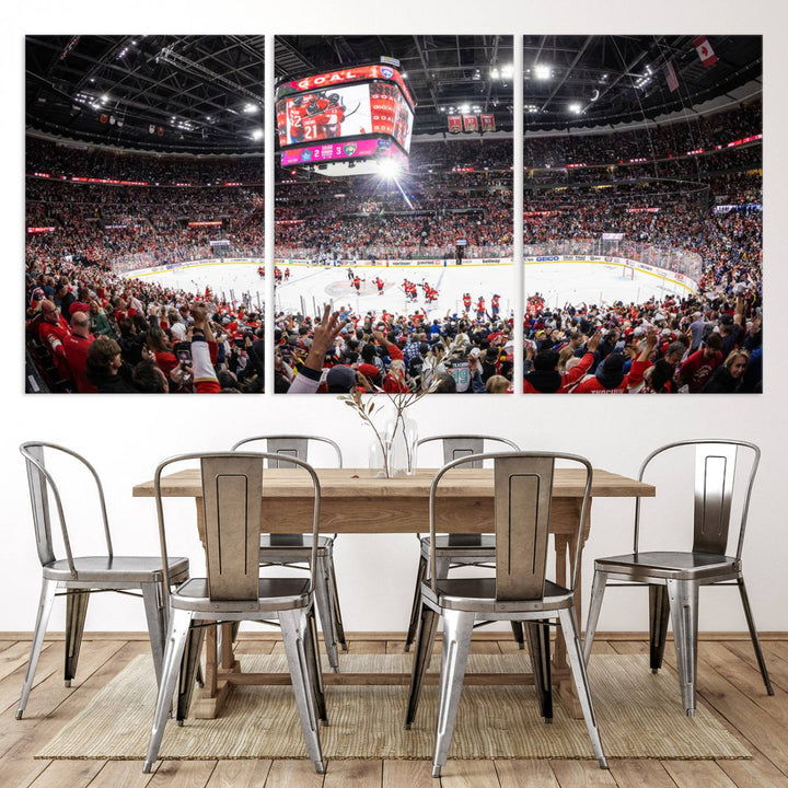 The wall art, a high-quality basketball arena canvas, evokes the excitement of fans cheering at the Amerant Bank Arena.