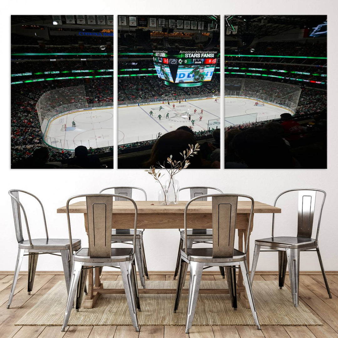 The Dallas Stars Wall Art Canvas Print is as clear as the scoreboard stats at a hockey game in a large arena with bright lights.