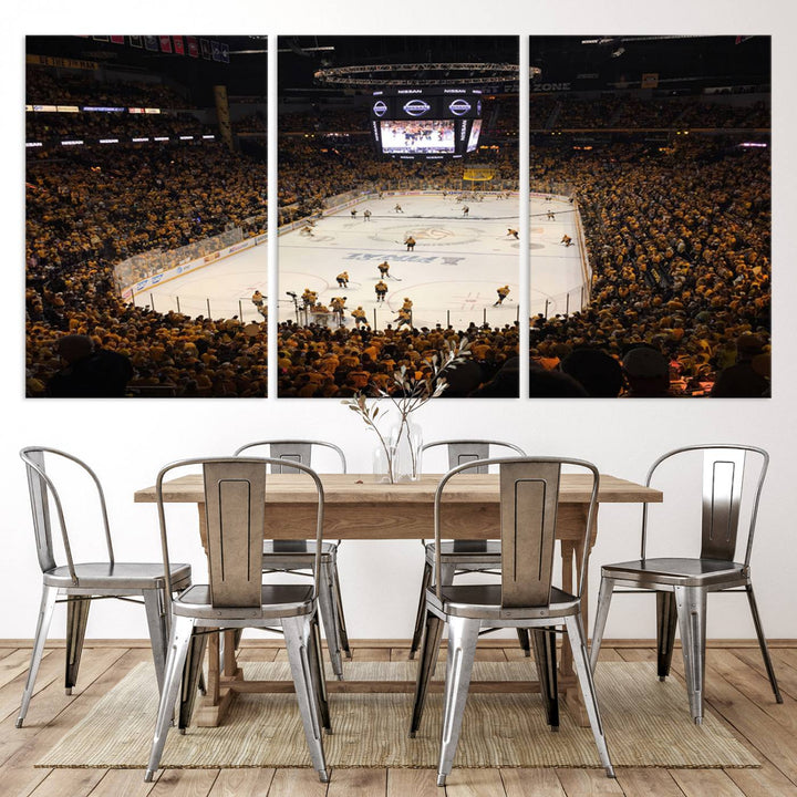 A captivating triptych canvas print, titled "Bridgestone Arena - Nashville Predators Hockey Team Print," adorns the wall. This Nashville wall art canvas print is perfect for Predators fans who appreciate sports-themed decor.