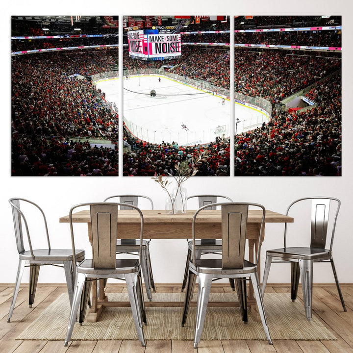 The living room features the PNC Arena Raleigh North Carolina Hurricanes Hockey Stadium Wall Art Canvas Print, which depicts a crowded ice hockey stadium with enthusiastic fans and an ongoing game, all rendered in high-resolution on museum-quality canvas.