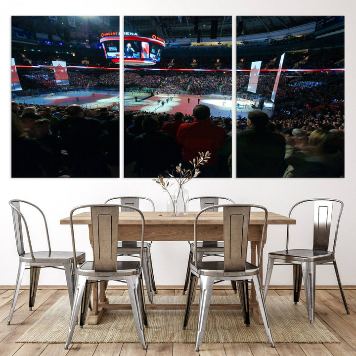 Experience the intense atmosphere of a full-capacity ice hockey game at Rogers Arena, home of the Vancouver Canucks, captured on museum-quality canvas.