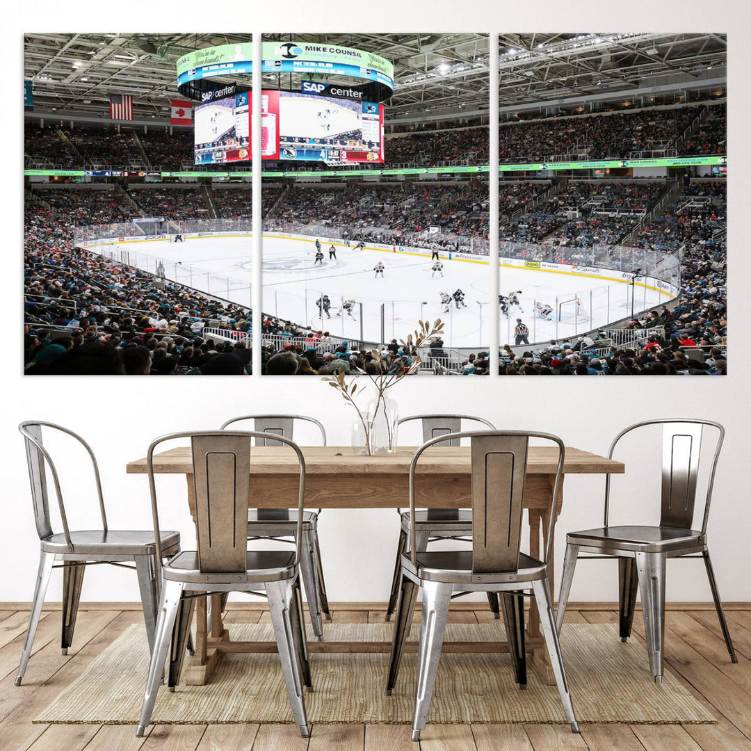 A packed ice hockey arena buzzes with energy as players glide on the ice and a large screen displays scores. The indoor decor features Sharks Arena Blackhawks Sharks Ice Hockey Stadium Wall Art Canvas Prints, creating an unexpected yet charming sporting atmosphere reminiscent of a gallery.