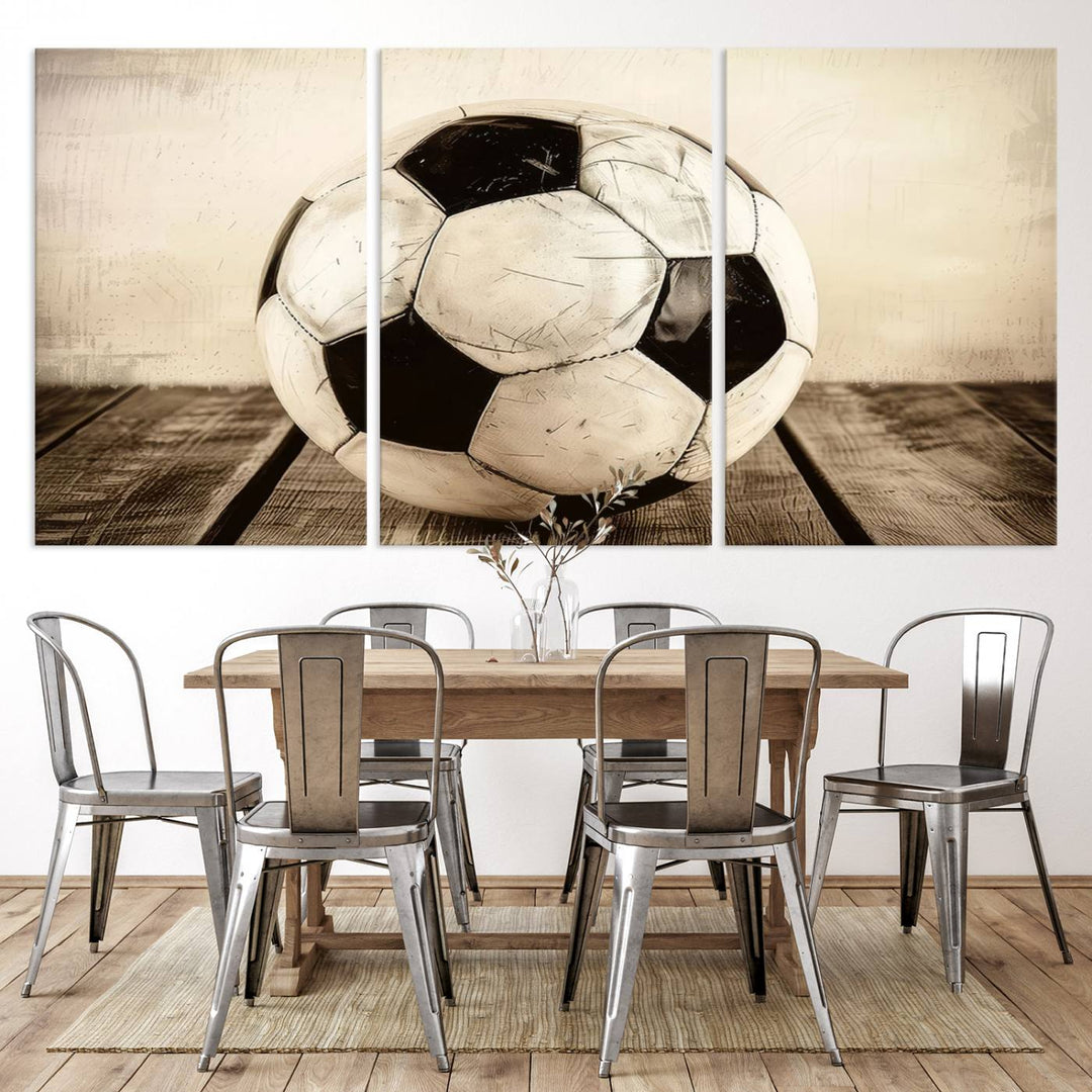 Vintage Soccer Ball Triptych Canvas Art – 3-Panel Soccer Wall Decor, Framed and Ready to Hang Sports Art for Home, Office, or Gym