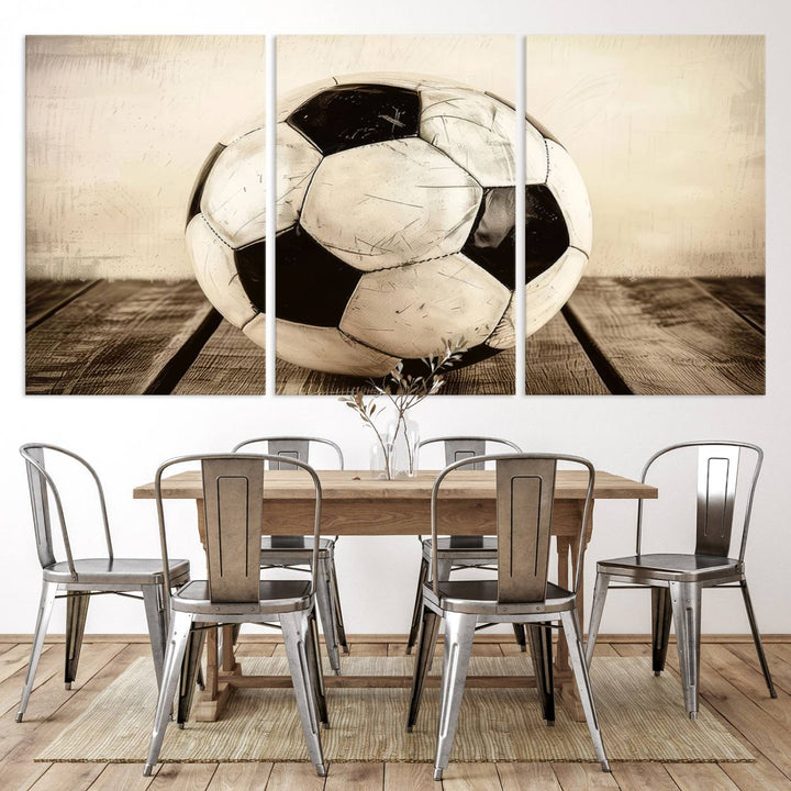 Vintage Soccer Ball Triptych Canvas Art – 3-Panel Soccer Wall Decor, Framed and Ready to Hang Sports Art for Home, Office, or Gym